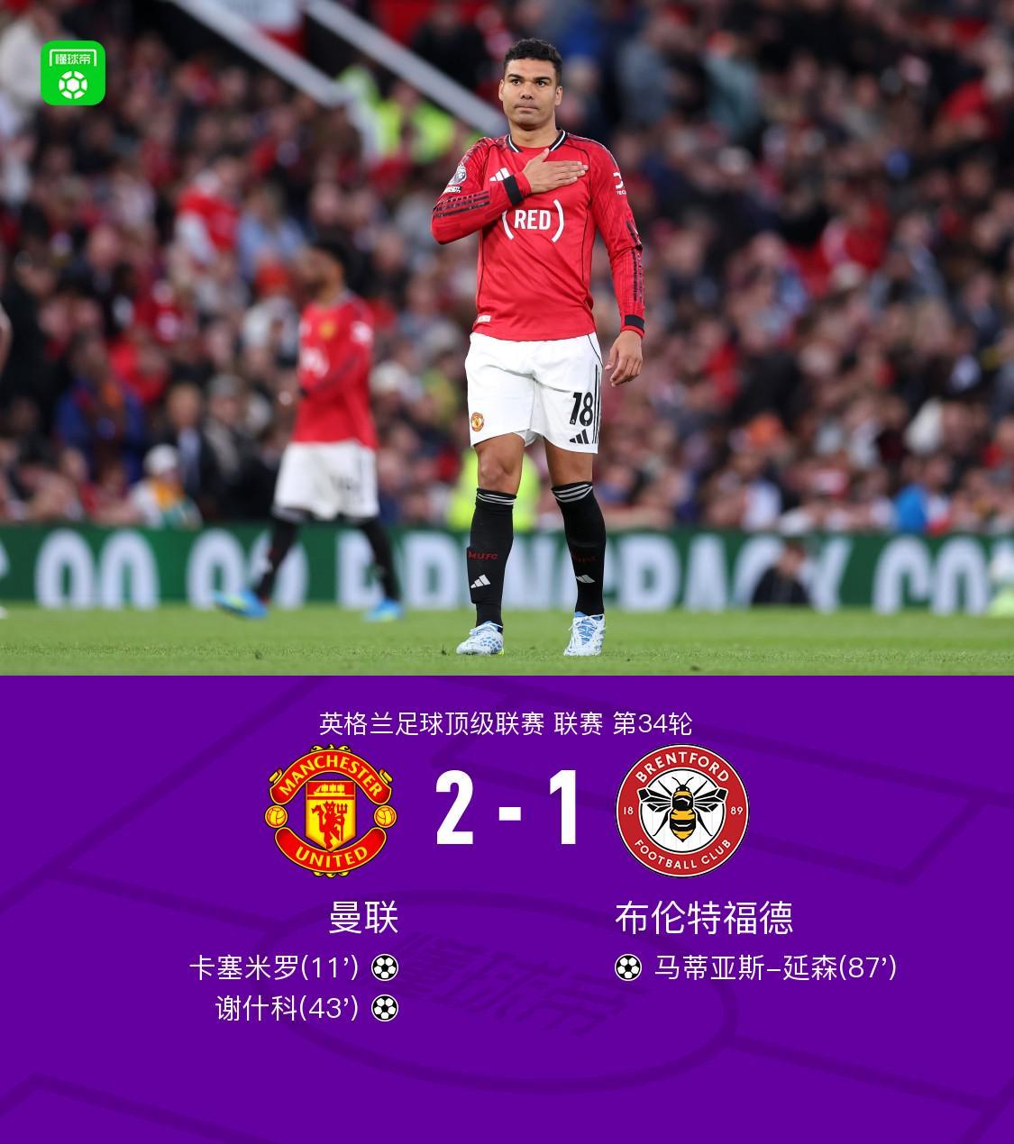 九游-剑南春丨曼联2-1布伦特福德，卡塞米罗、谢什科破门，B费助攻